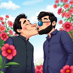 A light-hearted and whimsical depiction of two prominent political figures, Imran Khan and Bilawal Bhutto, sharing a playful kiss in a colorful and vibrant garden setting