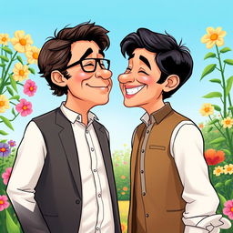 A light-hearted and whimsical depiction of two prominent political figures, Imran Khan and Bilawal Bhutto, sharing a playful kiss in a colorful and vibrant garden setting