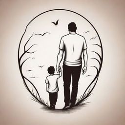 An animated, stylistic tattoo design showing a father and son in a heartwarming scene. The style should be intricate with bold lines and attention to detail, to capture the sentimental bond between them.