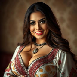 An alluring portrait of a voluptuous Turkish woman with big, captivating eyes and long, luxurious hair cascading over her shoulders