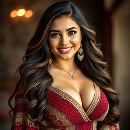 An alluring portrait of a voluptuous Turkish woman with big, captivating eyes and long, luxurious hair cascading over her shoulders