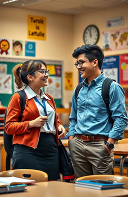 An artistic portrayal of a high school classroom, featuring a friendly interaction between an enthusiastic teacher and a dedicated high school student