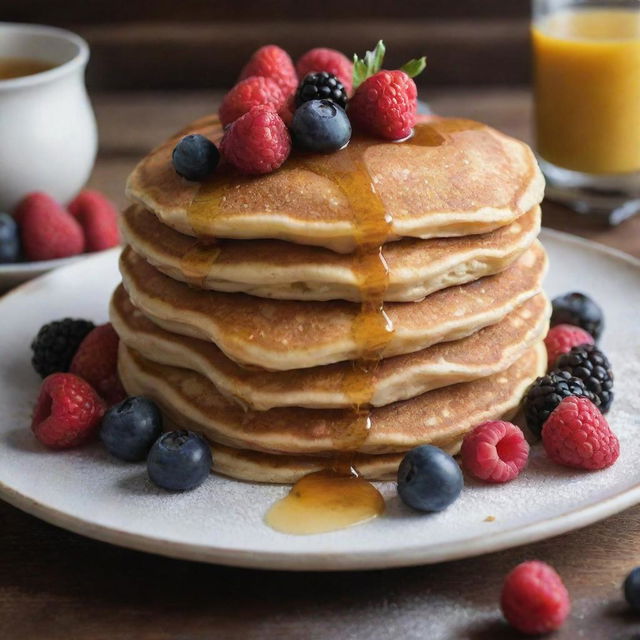 A stack of golden brown pancakes ornately topped with fresh berries, a drizzle of honey, a sprinkle of powdered sugar, creating a feast for the eyes. The corners of the image show the hint of a luxurious breakfast setting.