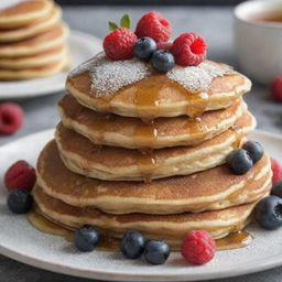 A stack of golden brown pancakes ornately topped with fresh berries, a drizzle of honey, a sprinkle of powdered sugar, creating a feast for the eyes. The corners of the image show the hint of a luxurious breakfast setting.