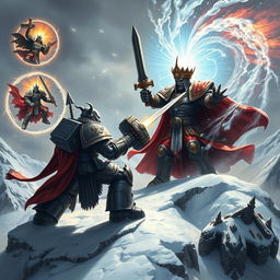 A dramatic and intense scene depicting Horus Lupercal, the traitorous Warmaster of the Imperium, in a fierce battle against the Emperor of Mankind atop a frozen mountain peak