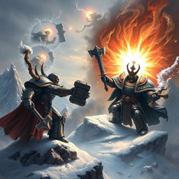 A dramatic and intense scene depicting Horus Lupercal, the traitorous Warmaster of the Imperium, in a fierce battle against the Emperor of Mankind atop a frozen mountain peak