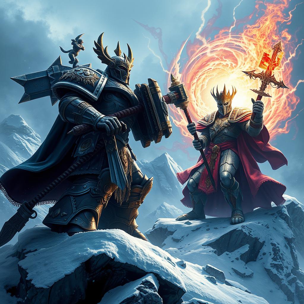 A dramatic and intense scene depicting Horus Lupercal, the traitorous Warmaster of the Imperium, in a fierce battle against the Emperor of Mankind atop a frozen mountain peak