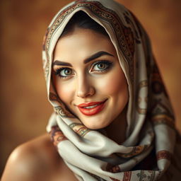 An elegant and sensual portrait of a voluptuous Turkish woman with big, captivating eyes, gracefully showcasing her beauty while respectfully covered according to her religious beliefs