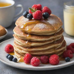 A stack of golden brown pancakes ornately topped with fresh berries, a drizzle of honey, a sprinkle of powdered sugar, creating a feast for the eyes. The corners of the image show the hint of a luxurious breakfast setting.