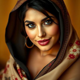 An elegant and sensual portrait of a voluptuous Turkish woman with big, captivating eyes, gracefully showcasing her beauty while respectfully covered according to her religious beliefs