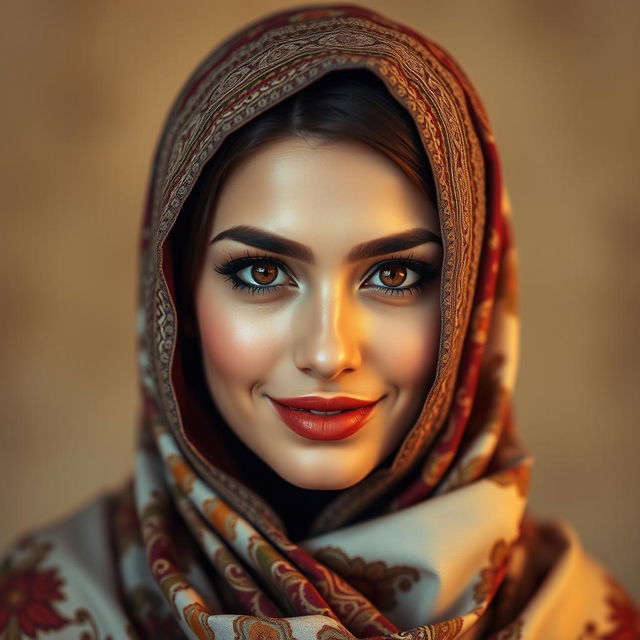 An elegant and sensual portrait of a voluptuous Turkish woman with big, captivating eyes, gracefully showcasing her beauty while respectfully covered according to her religious beliefs