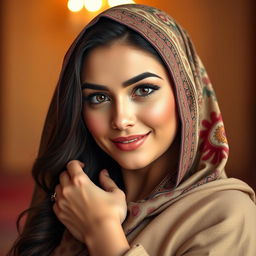 An elegant and sensual portrait of a voluptuous Turkish woman with big, captivating eyes, gracefully showcasing her beauty while respectfully covered according to her religious beliefs