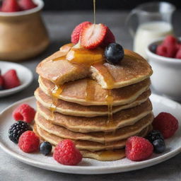 A stack of golden brown pancakes ornately topped with fresh berries, a drizzle of honey, a sprinkle of powdered sugar, creating a feast for the eyes. The corners of the image show the hint of a luxurious breakfast setting.