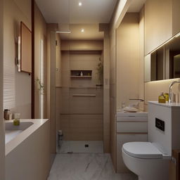 Design a compact, cozy bathroom within a space of 1.2 meters by 2.15 meters, equipped with essential fixtures like a WC, a bathtub, and a handwasher.