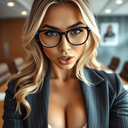 Close-up shot featuring a gorgeous female with blonde hair, wearing stylish glasses