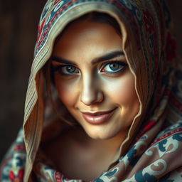 A striking portrait of a voluptuous Turkish woman with big, expressive eyes that shine with allure, partially covered by a beautifully designed hijab that respects her religious beliefs