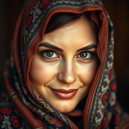 A striking portrait of a voluptuous Turkish woman with big, expressive eyes that shine with allure, partially covered by a beautifully designed hijab that respects her religious beliefs