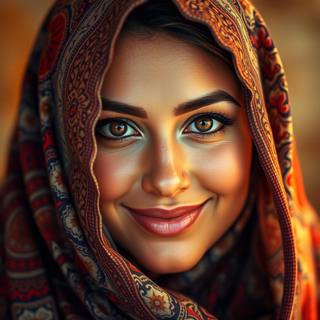 A striking portrait of a voluptuous Turkish woman with big, expressive eyes that shine with allure, partially covered by a beautifully designed hijab that respects her religious beliefs