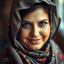 A striking portrait of a voluptuous Turkish woman with big, expressive eyes that shine with allure, partially covered by a beautifully designed hijab that respects her religious beliefs