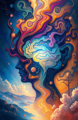 An abstract representation of the subconscious mind, filled with swirling colorful patterns and shapes that symbolize thoughts and emotions