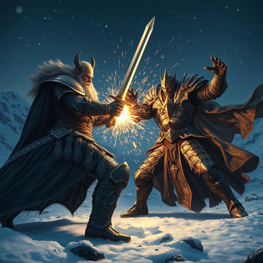 An epic battle scene on a frozen mountain at night, featuring an old king adorned in magnificent golden armor, wielding a gleaming sword, engaged in combat with a younger, bulkier knight who bears a striking resemblance to him