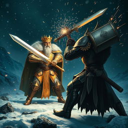 An epic battle scene on a frozen mountain at night, featuring an old king adorned in magnificent golden armor, wielding a gleaming sword, engaged in combat with a younger, bulkier knight who bears a striking resemblance to him