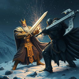 An epic battle scene on a frozen mountain at night, featuring an old king adorned in magnificent golden armor, wielding a gleaming sword, engaged in combat with a younger, bulkier knight who bears a striking resemblance to him