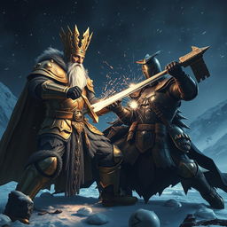 An epic battle scene on a frozen mountain at night, featuring an old king adorned in magnificent golden armor, wielding a gleaming sword, engaged in combat with a younger, bulkier knight who bears a striking resemblance to him