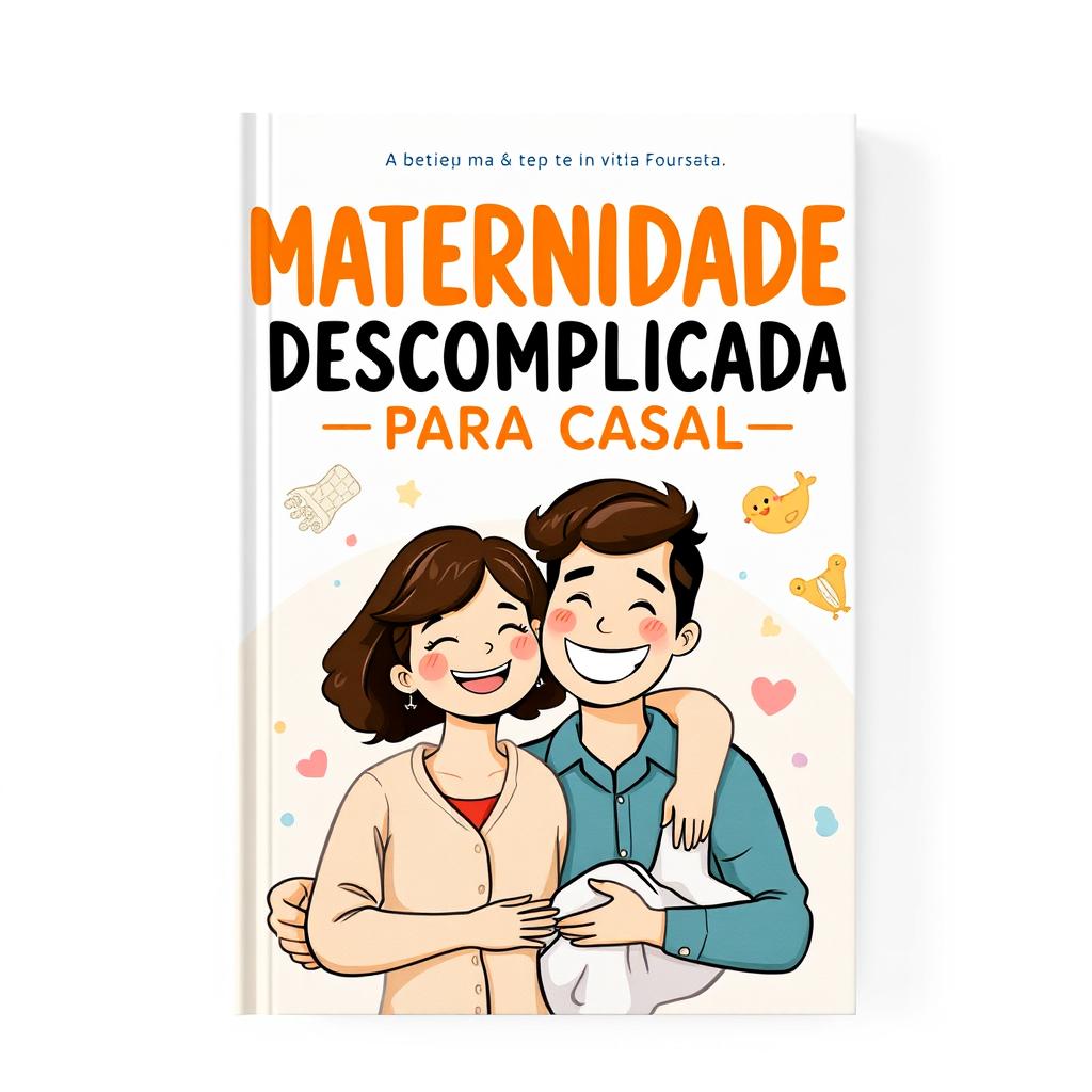 A visually appealing book cover design featuring the title "MATERNIDADE DESCOMPLICADA PARA CASAL" in bold, friendly typography prominently at the top