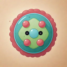 Design an adorable cartoon-style 'Coccal Shield' card, an 'upcell' type. Visualize a cell encased within a spherical shield, inspired by the resilient nature of cocci bacteria. Emphasize the protective aura that makes the cell immune to destruction.