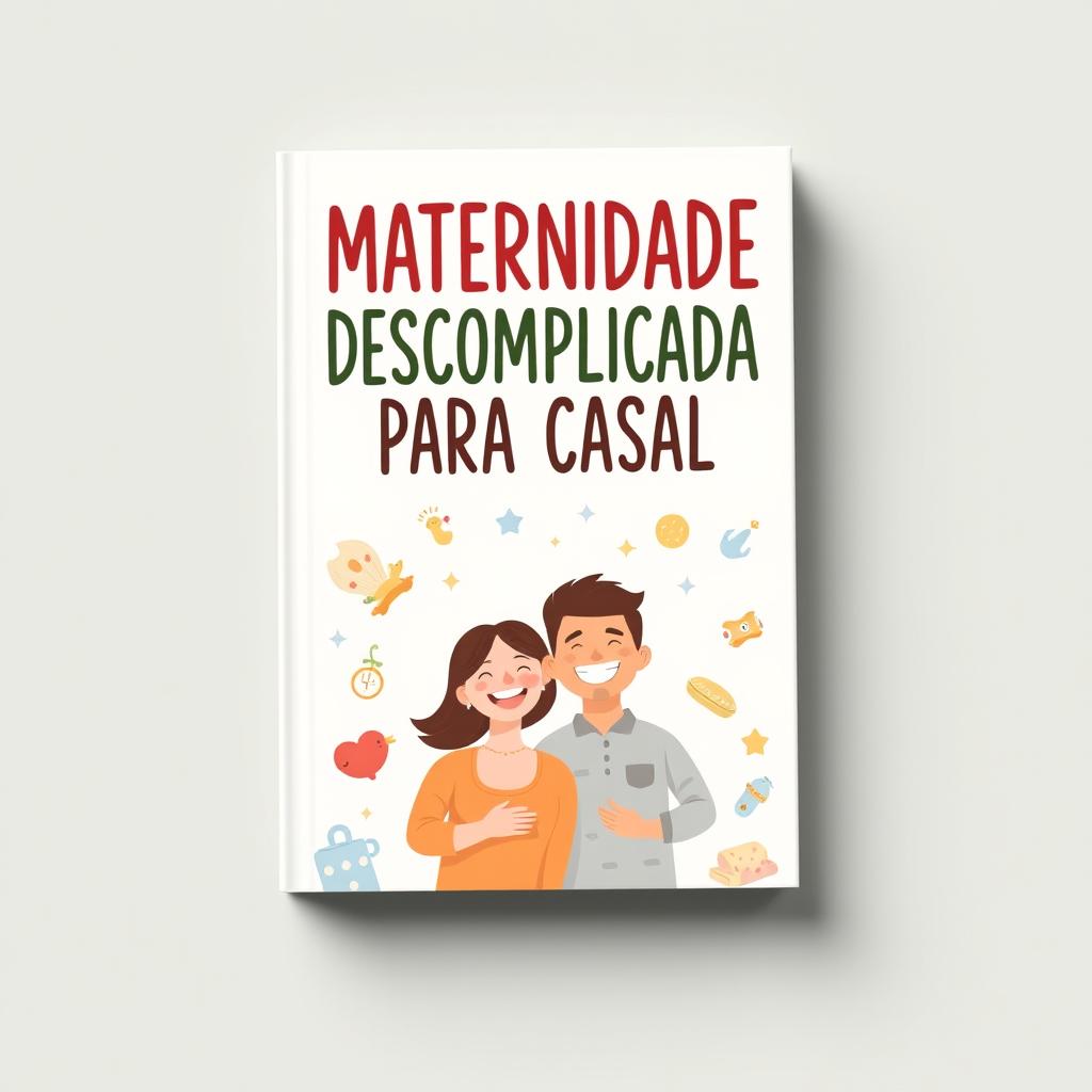 A visually appealing book cover design featuring the title "MATERNIDADE DESCOMPLICADA PARA CASAL" in bold, friendly typography prominently at the top