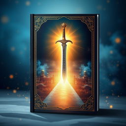 A stunning book cover design featuring an Islamic theme, showcasing the Sword of Imam Ali as a central visual element that transforms into a radiant pathway leading to heaven