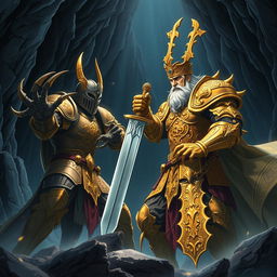 An epic battle scene set in a dark mountain cave at night, featuring an old king adorned in magnificent intricate golden armor, showcasing ornate designs and glimmering gold