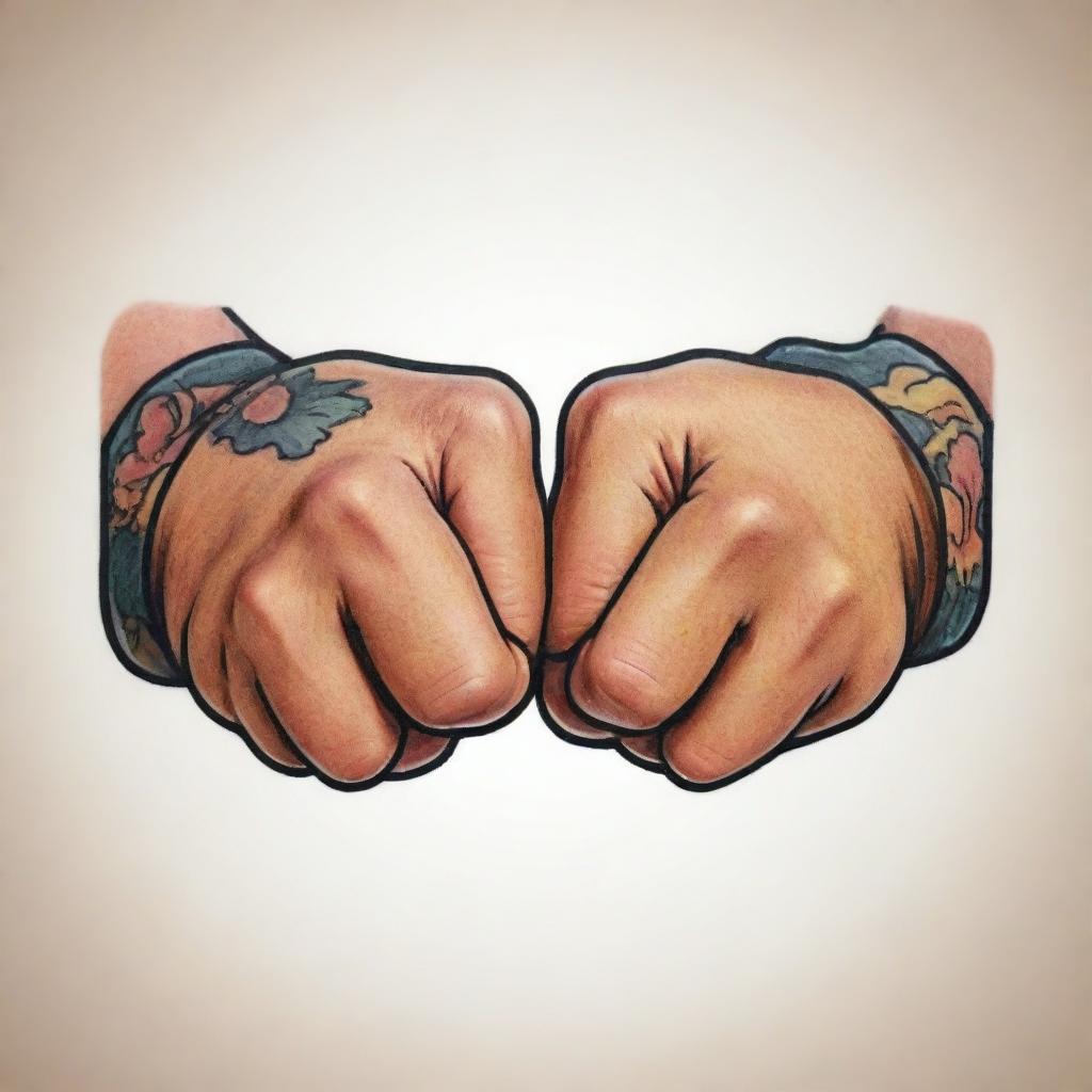 An animated, vibrant tattoo design of a fist bump. The image should display a dynamic and lively scene, where two stylized, cartoon-like fists are colliding in a friendly manner, symbolizing camaraderie and unity.