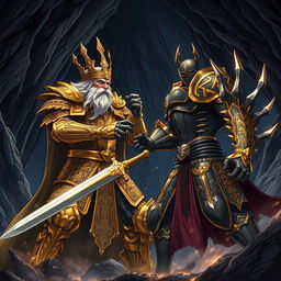 An epic battle scene set in a dark mountain cave at night, featuring an old king adorned in magnificent intricate golden armor, showcasing ornate designs and glimmering gold