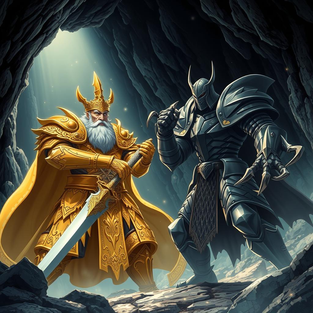 An epic battle scene set in a dark mountain cave at night, featuring an old king adorned in magnificent intricate golden armor, showcasing ornate designs and glimmering gold