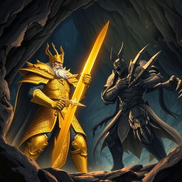 An epic battle scene set in a dark mountain cave at night, featuring an old king adorned in magnificent intricate golden armor, showcasing ornate designs and glimmering gold