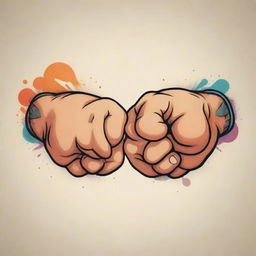 An animated, vibrant tattoo design of a fist bump. The image should display a dynamic and lively scene, where two stylized, cartoon-like fists are colliding in a friendly manner, symbolizing camaraderie and unity.