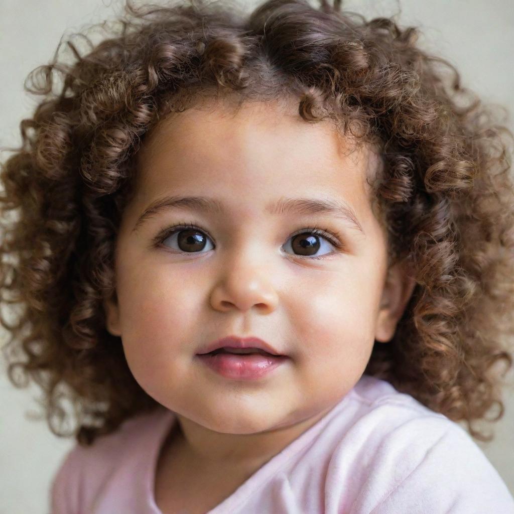 A beautiful baby girl with curly hair, brown eyes, and fair skin