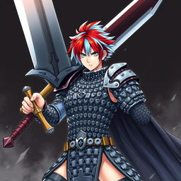 A powerful human fighter wielding an enormous oversized buster sword, featuring short hair that is fire red on one side and ice blue on the other