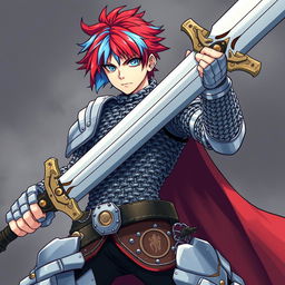 A powerful human fighter wielding an enormous oversized buster sword, featuring short hair that is fire red on one side and ice blue on the other