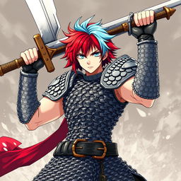 A powerful human fighter wielding an enormous oversized buster sword, featuring short hair that is fire red on one side and ice blue on the other