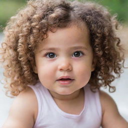 A beautiful baby girl with curly hair, brown eyes, and fair skin