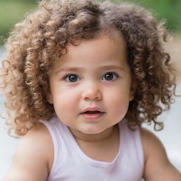 A beautiful baby girl with curly hair, brown eyes, and fair skin