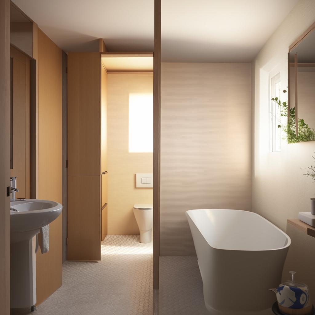 Design a compact, cozy bathroom within a space of 1.2 meters by 2.15 meters, equipped with essential fixtures like a WC, a bathtub, and a handwasher.