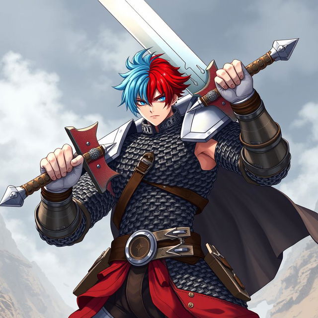 A powerful human fighter wielding an enormous oversized buster sword, featuring short hair that is fire red on one side and ice blue on the other