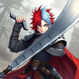 A powerful human fighter wielding an enormous oversized buster sword, sporting short hair that transitions from fire red on one side to ice blue on the other