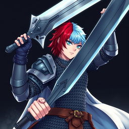 A powerful human fighter wielding an enormous oversized buster sword, sporting short hair that transitions from fire red on one side to ice blue on the other