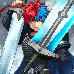 A powerful human fighter wielding an enormous oversized buster sword, sporting short hair that transitions from fire red on one side to ice blue on the other