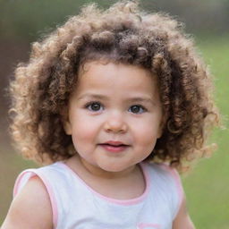 A beautiful baby girl with curly hair, brown eyes, and fair skin